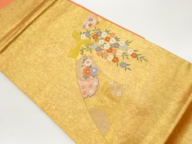 高島織物製　青銅箔束ね熨斗に花々・雪輪模様織出し名古屋帯